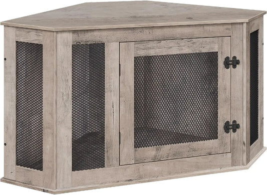 Corner Dog Crate Furniture, Wooden Kennel End Table for Small Medium Dogs, Decorative Pet Cage Indoor Use