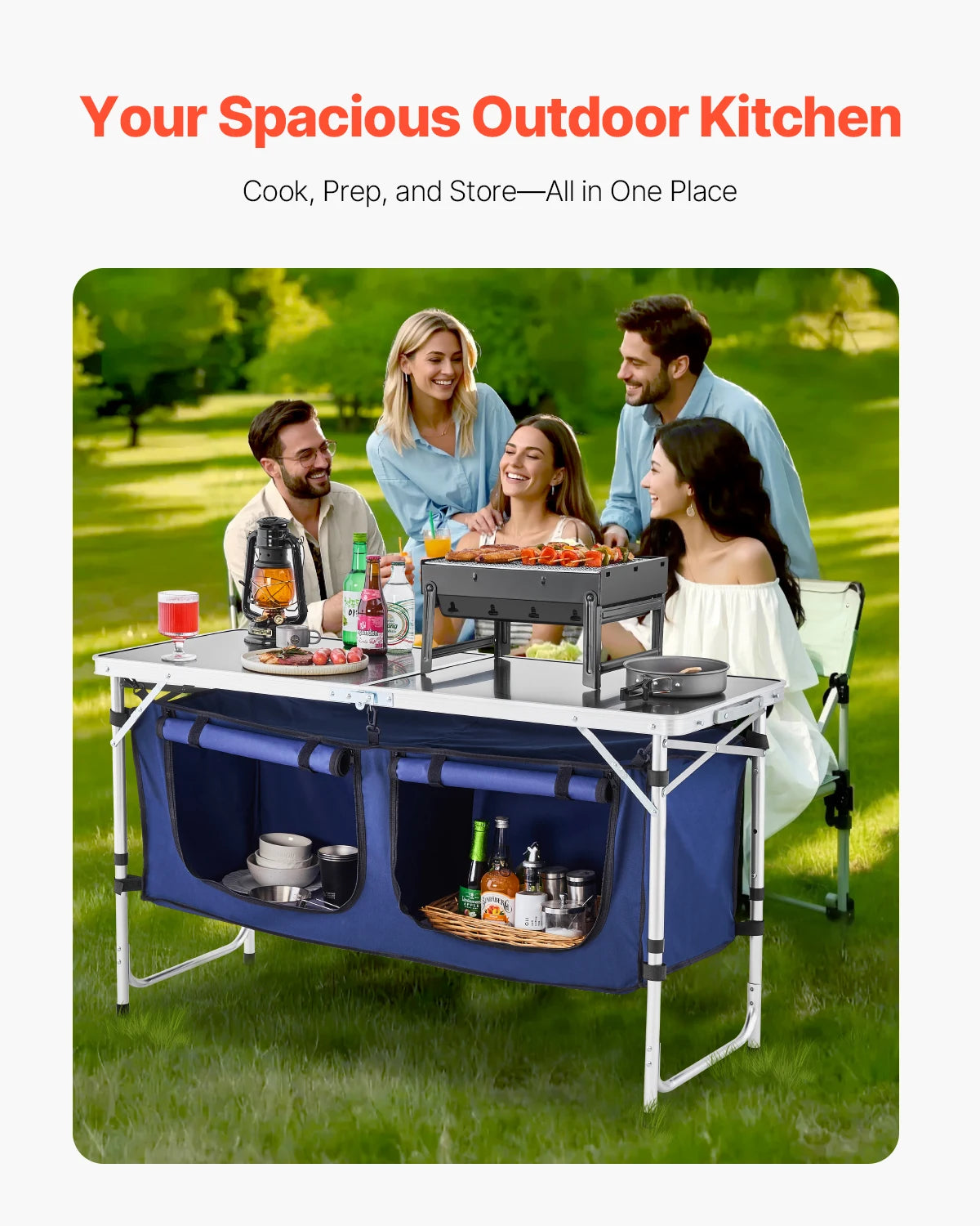 VEVORCamping Kitchen Table Folding Outdoor Cooking Table Aluminum Lightweight Portable Cook Station Foldable Camp Table for BBQ