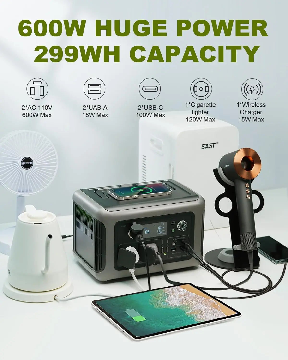 ALLPOWERS R600 299Wh 600W LiFePO4 Portable Power station with 100W / 140W / 200W Solar panel (Optional)  for Home use Camping RV