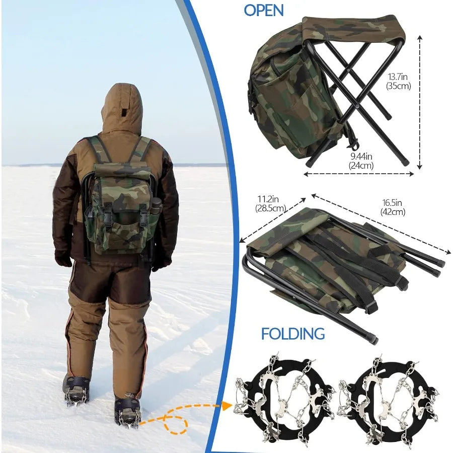 Complete Ice Fishing Kit with Reel Combo Backpack Seat Ice Cleats Jigs Line for Winter Fishing Adventures on Frozen Lakes and Rivers
