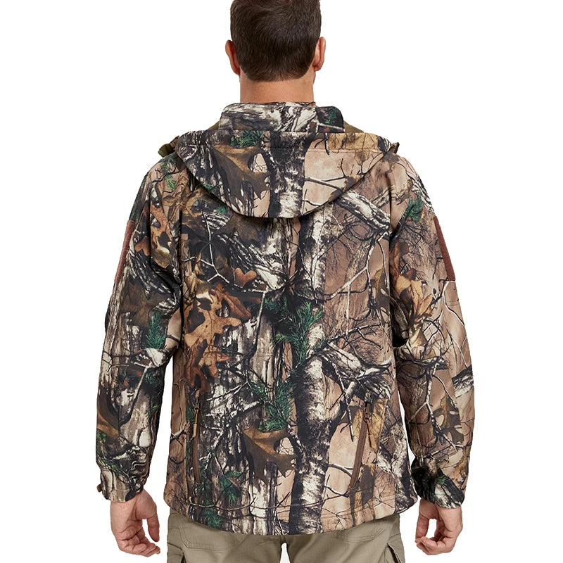 Men's Quiet Softshell Camouflage Hunting Jacket Water-Resistant Camo Tactical Jacke Men Fleece Outdoor Fising Hiking Hooded Coat