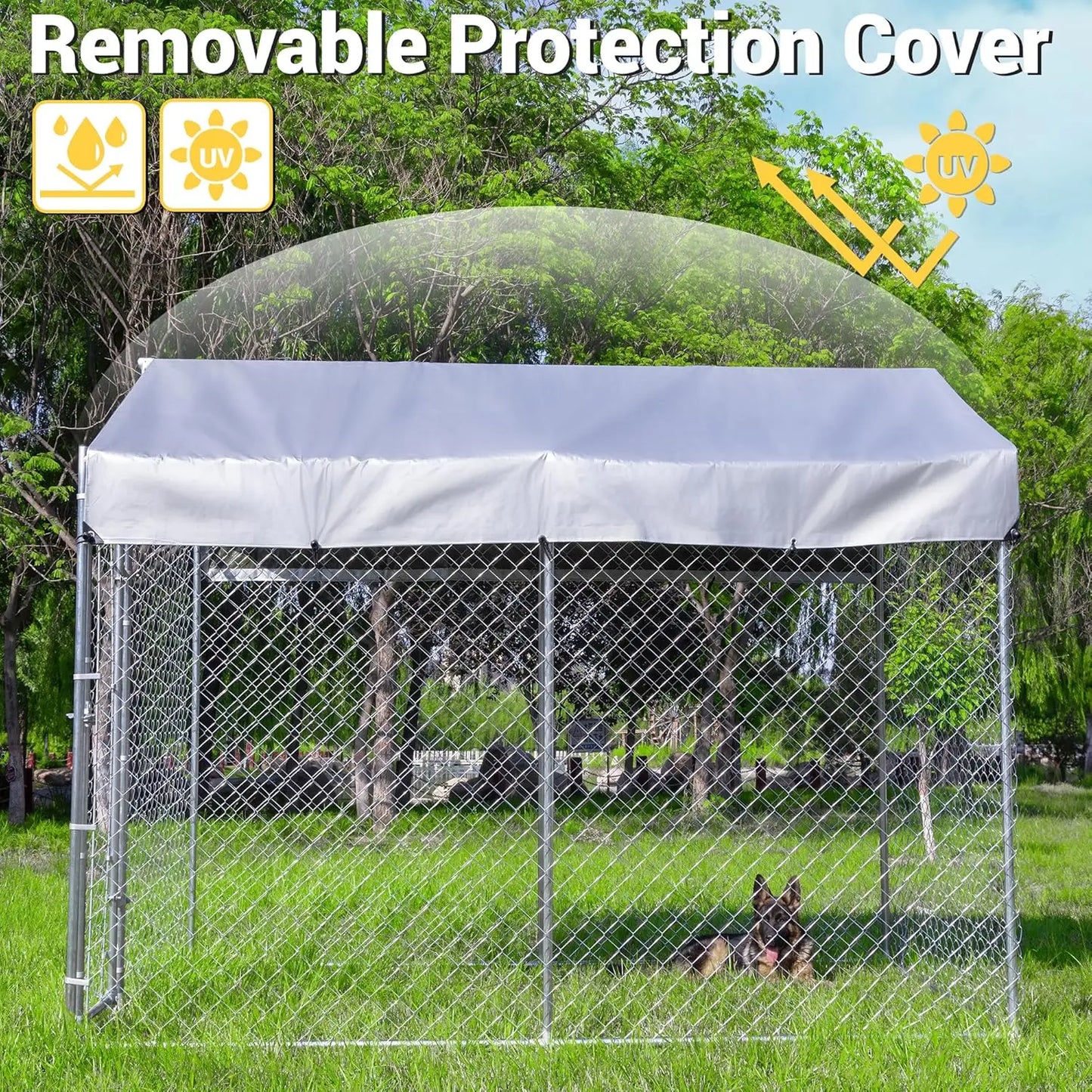 Large Galvanized Dog Kennel Outdoor with Roof, Waterproof UV-Resistant Cover & Lock, Anti-Rust Chain Link Dog Run for Yard