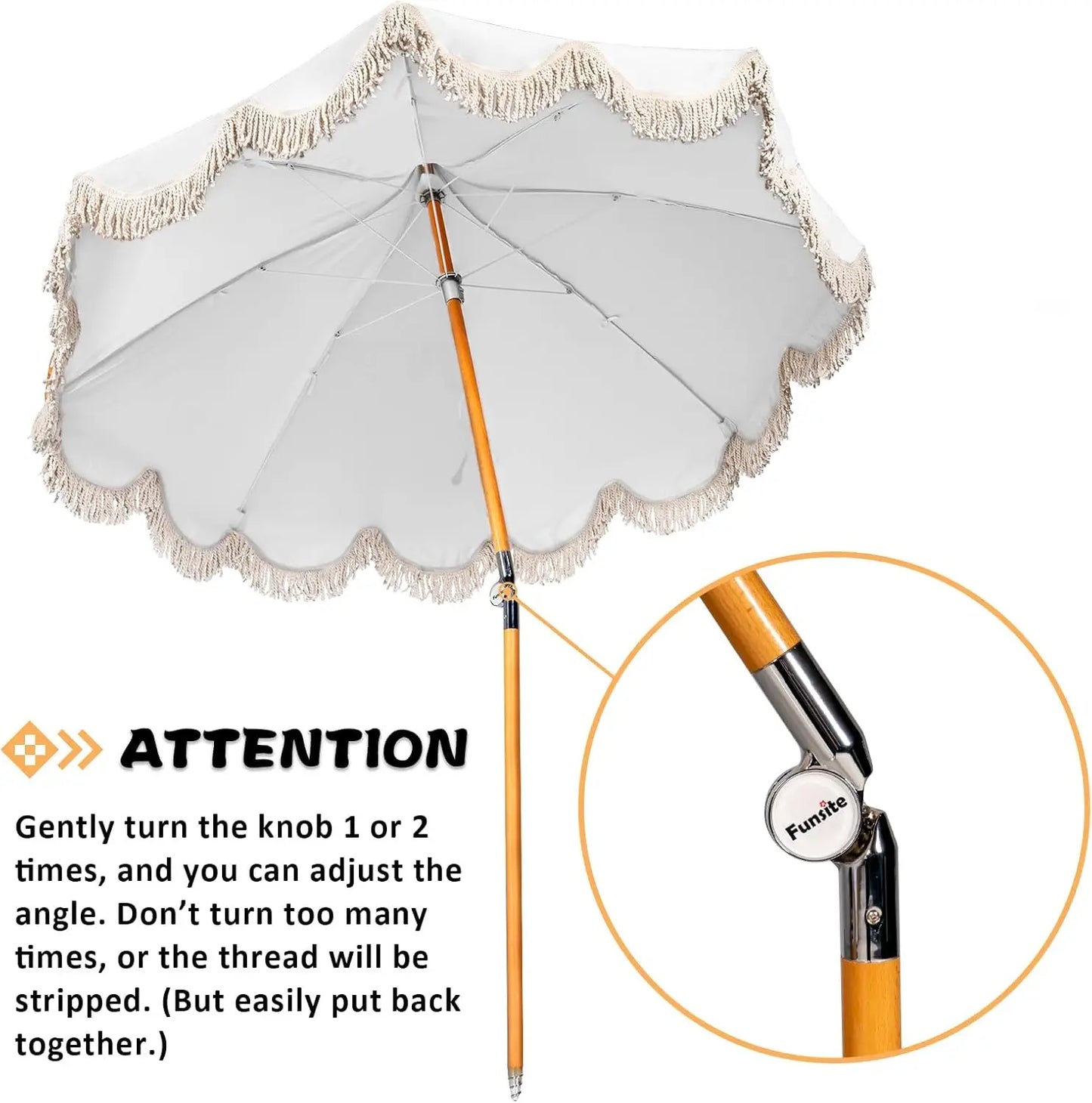 6.5ft Boho Beach Umbrella with Fringe, UPF 50+ Foldable Wood Pole and Carry Bag for Outdoor Use