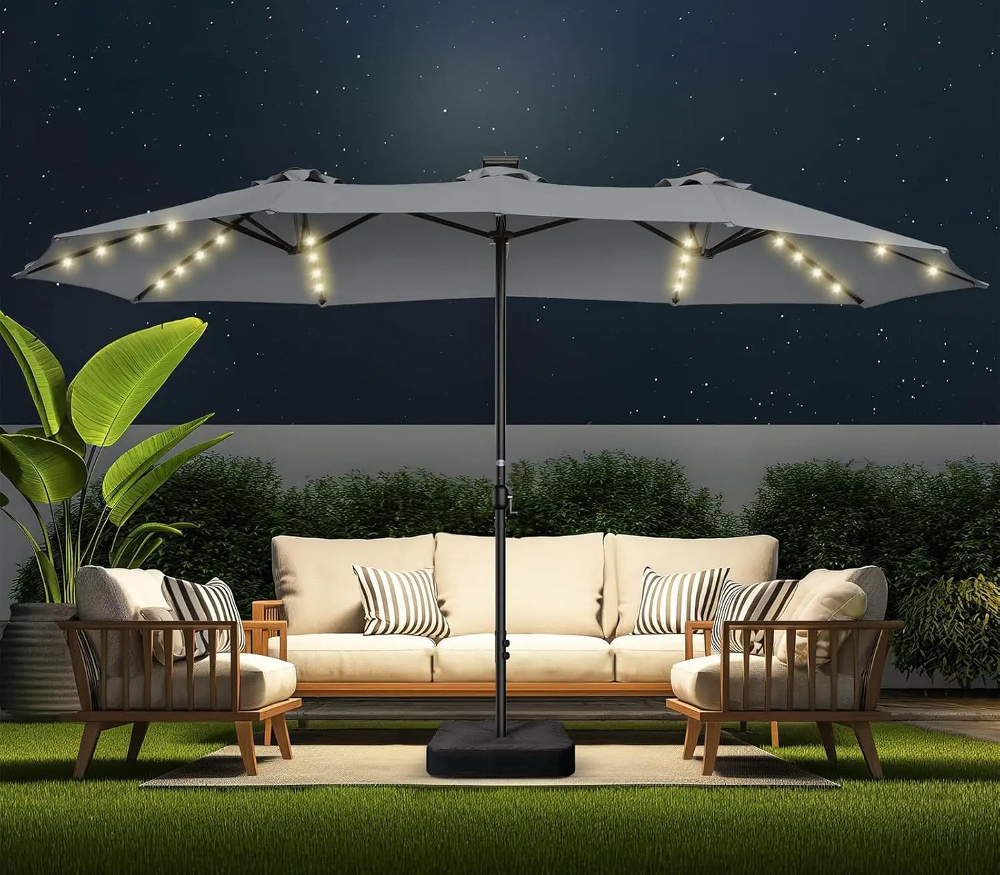 Double Sided Patio Umbrellas - 15ft Solar Lights LED Lighted Outdoor Extra Large Market Table Umbrella with Base, Customized