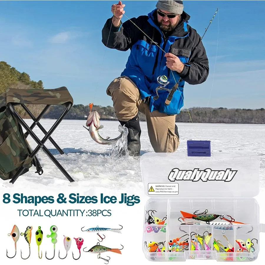 Complete Ice Fishing Kit with Reel Combo Backpack Seat Ice Cleats Jigs Line for Winter Fishing Adventures on Frozen Lakes and Rivers