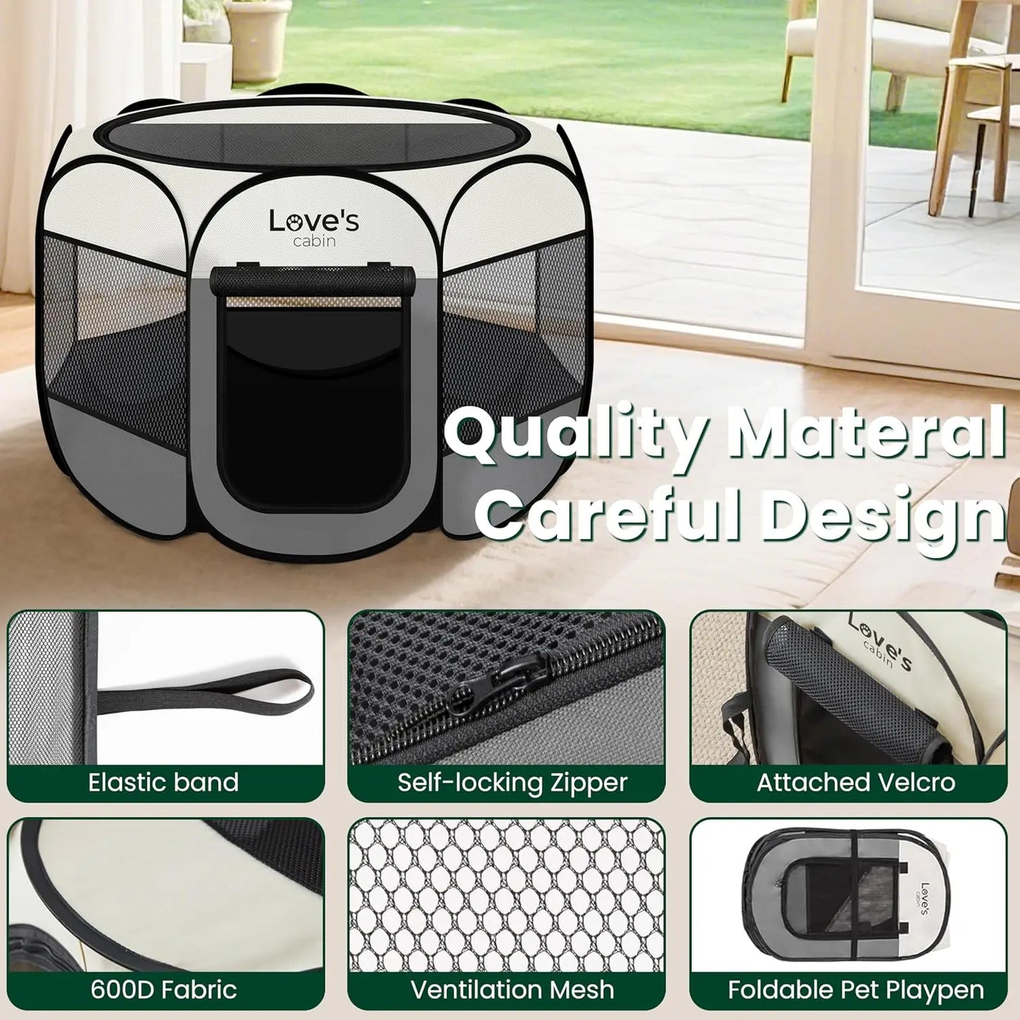 Large Portable Dog Playpen Tent for Indoor/Outdoor Use, Foldable Pop-Up Kennel with Carrying Case, Removable Zipper Top, Grey