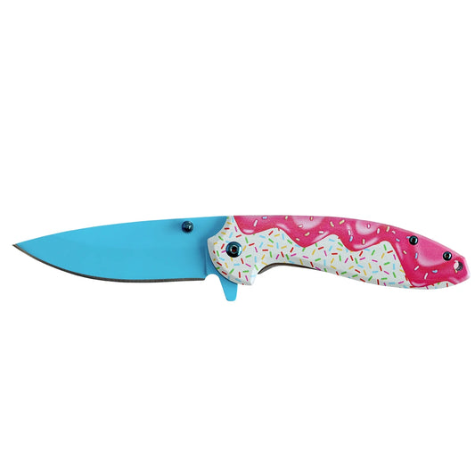 Premium Stainless Steel Pocket Knife Men’s folding EDC multi-tool (outdoors/fruit) – donut-pattern handle. For camping, hiking, exploration, DIY, daily use, fishing & hunting. Great gift for men: Valentine’s Day