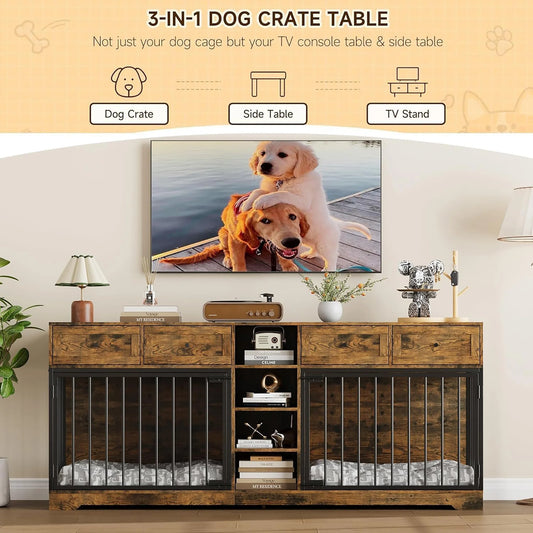 82'' Large Double Dog Crate Furniture TV Stand With 4 Drawers Shelves Heavy Duty Wooden Indoor Kennel For 2 Medium Large Dogs