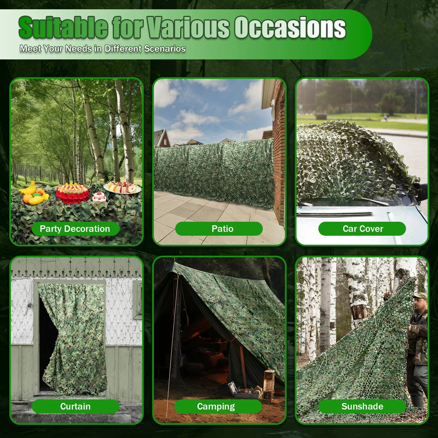 Camouflage Net Polyester Surface Nylon String Net Backing Reinforcement for Garden Roof Car Cover Outdoor Camping 8 * 8m