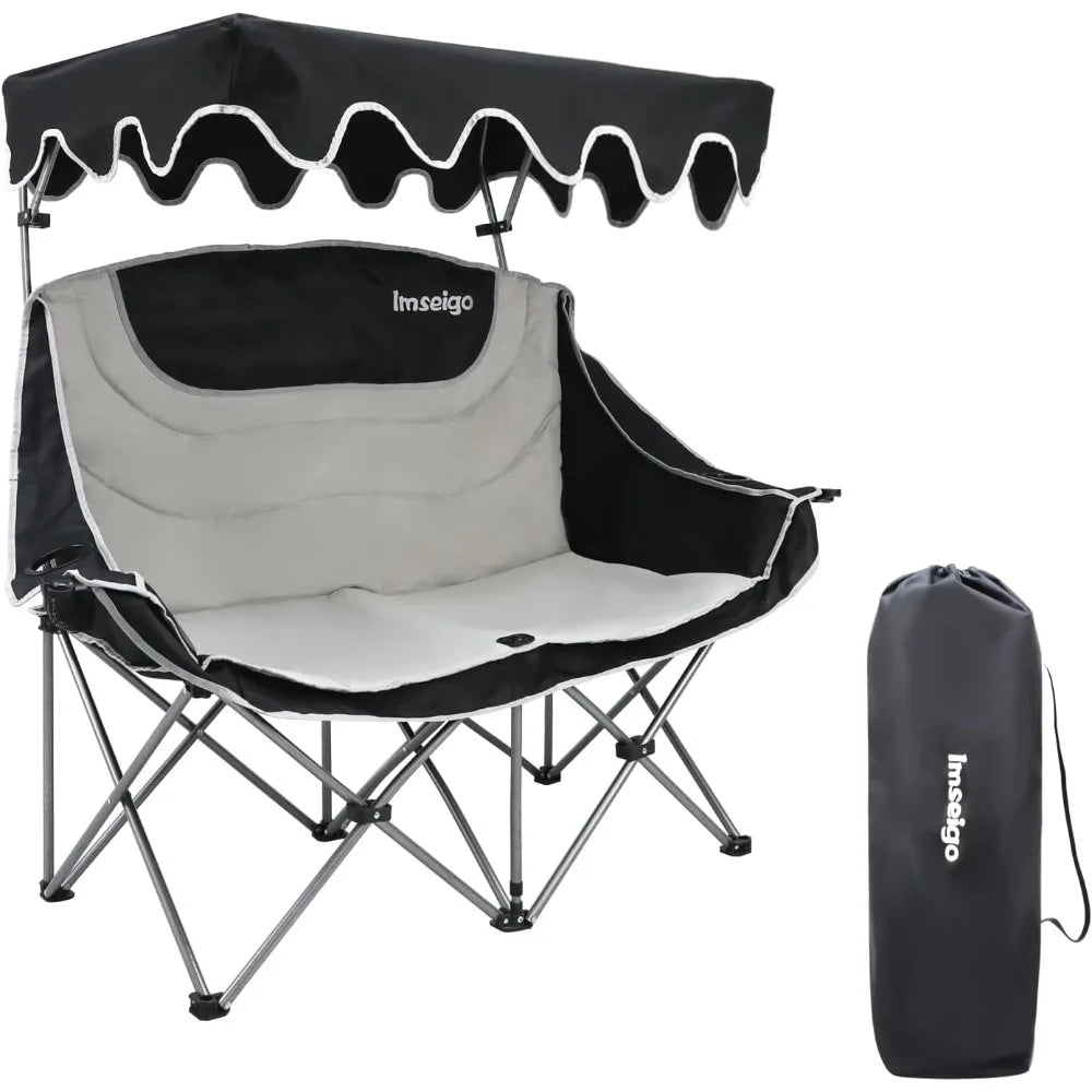 Double Camping Chair with Adjustable Shade Canopy Oversized Portable Folding Loveseat Couch, 2 Person Soft Padded Couch Back Sto