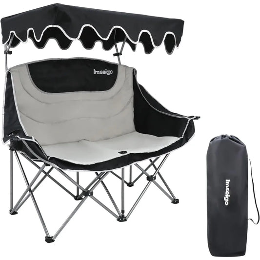 Double Camping Chair with Adjustable Shade Canopy Oversized Portable Folding Loveseat Couch, 2 Person Soft Padded Couch Back Sto