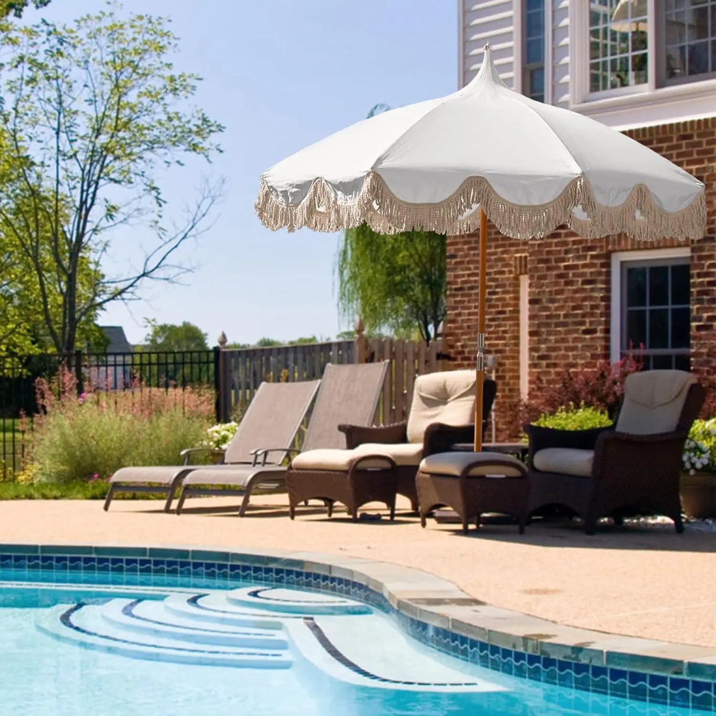 6.5ft Boho Beach Umbrella with Fringe, UPF 50+ Foldable Wood Pole and Carry Bag for Outdoor Use