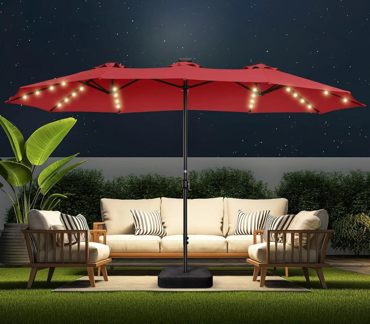 Double Sided Patio Umbrellas - 15ft Solar Lights LED Lighted Outdoor Extra Large Market Table Umbrella with Base, Customized