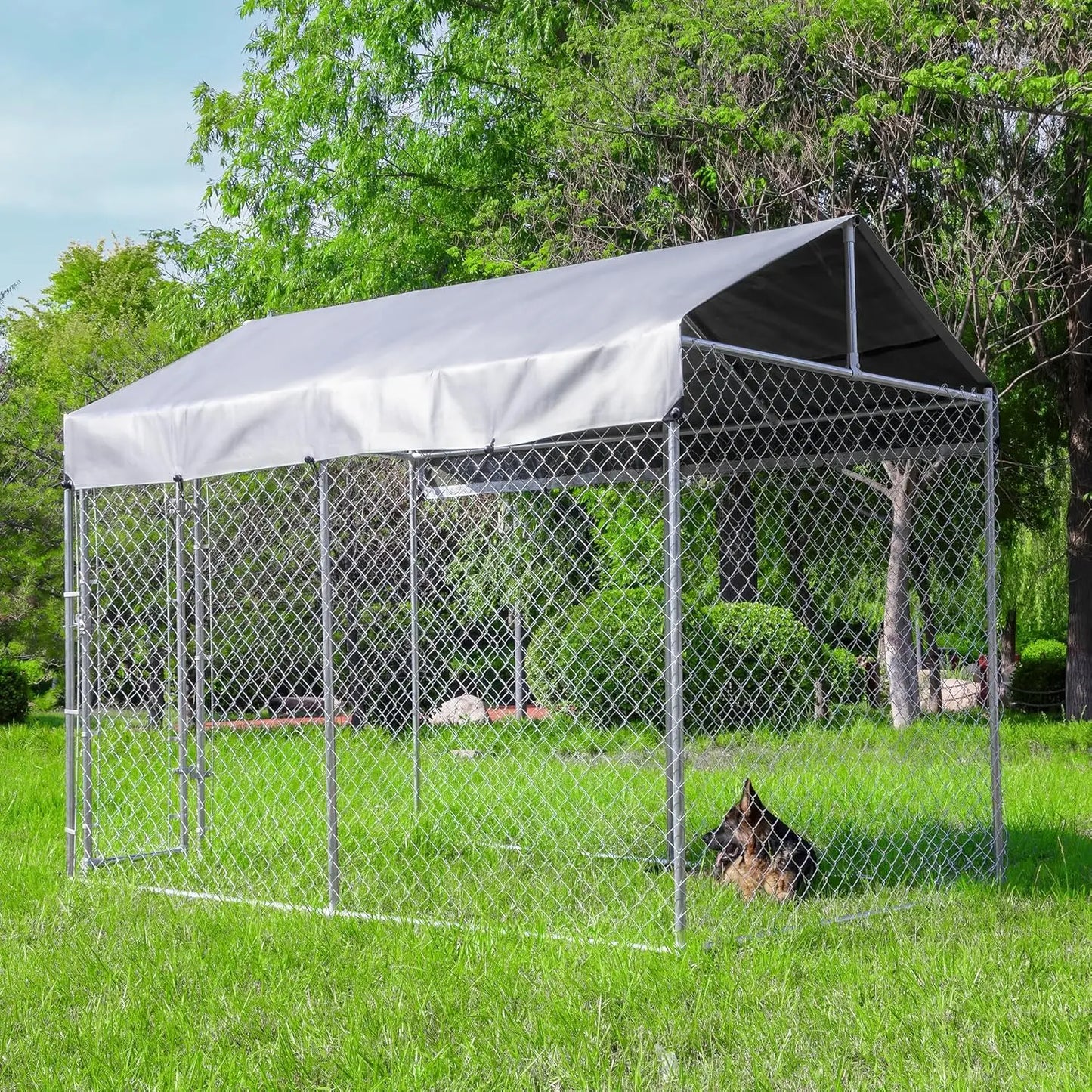 Large Galvanized Dog Kennel Outdoor with Roof, Waterproof UV-Resistant Cover & Lock, Anti-Rust Chain Link Dog Run for Yard