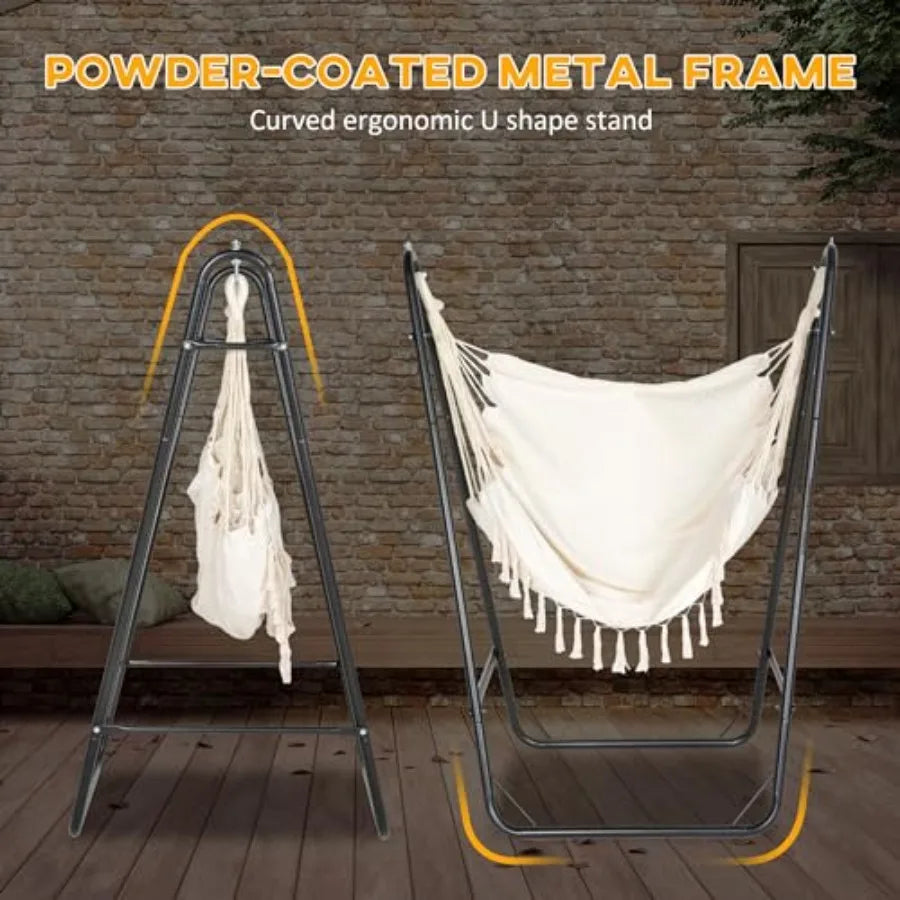 Outdoor Patio Hammock Chair with U Shape Stand Black/Cream White Hanging Lounge Chair with Side Pocket for Garden Deck Yard