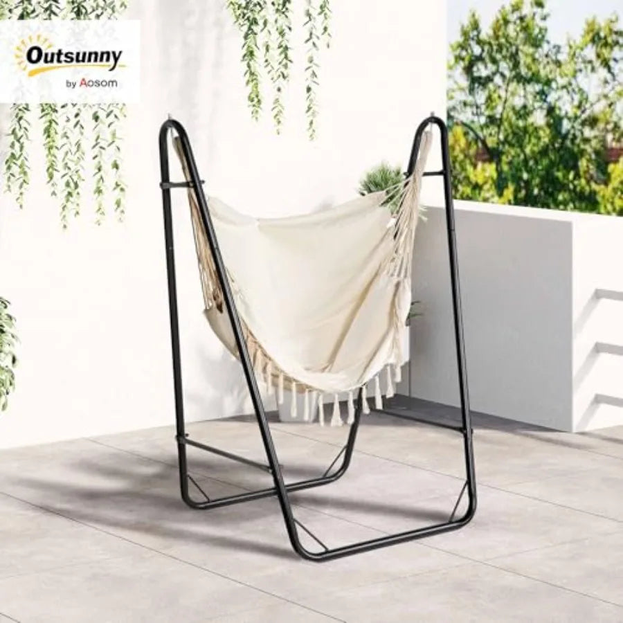 Outdoor Patio Hammock Chair with U Shape Stand Black/Cream White Hanging Lounge Chair with Side Pocket for Garden Deck Yard