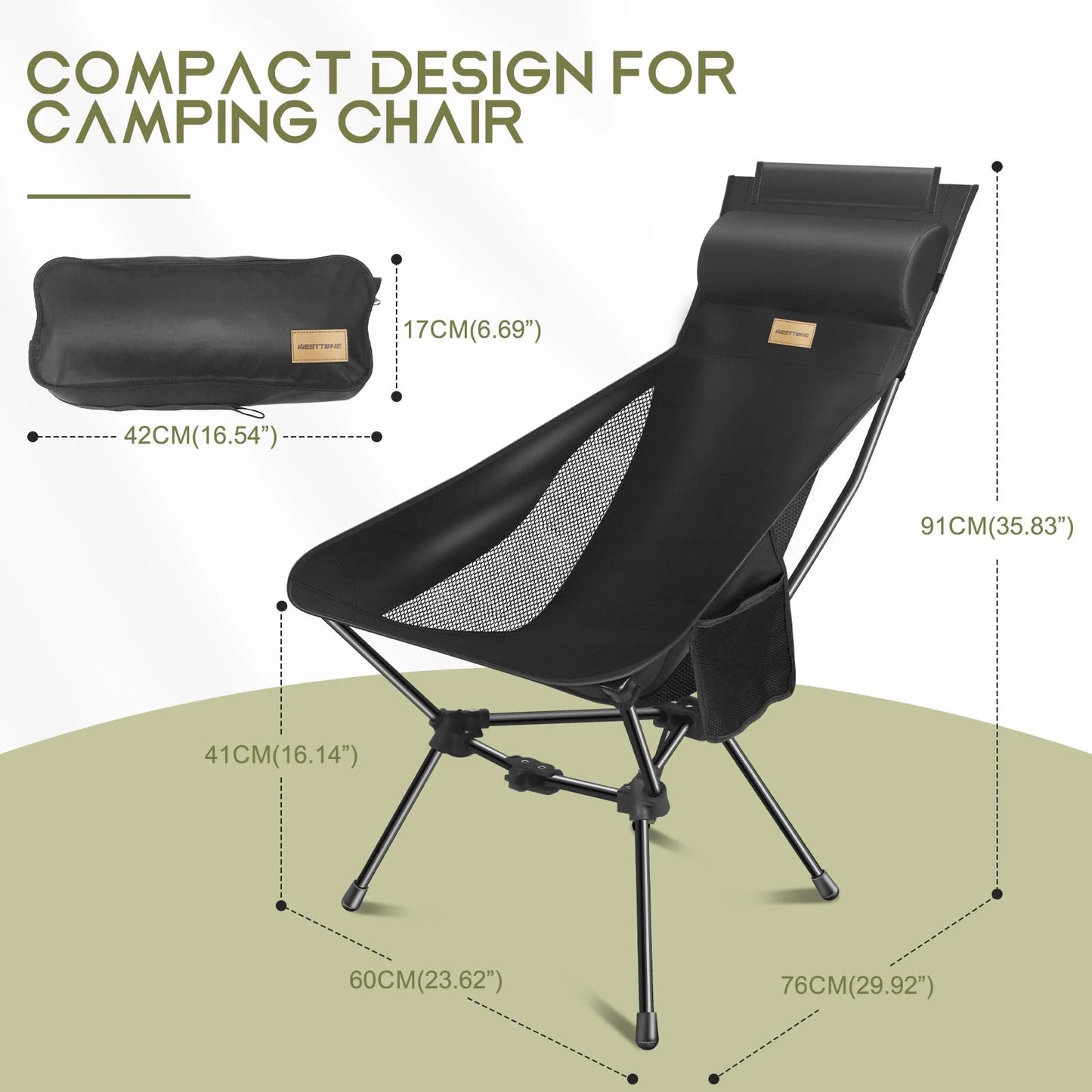 WESTTUNE Outdoor Folding Chairs with Headrest and Storage Bag Lightweight Chair for Outside Camping Hiking Travel Beach Sports