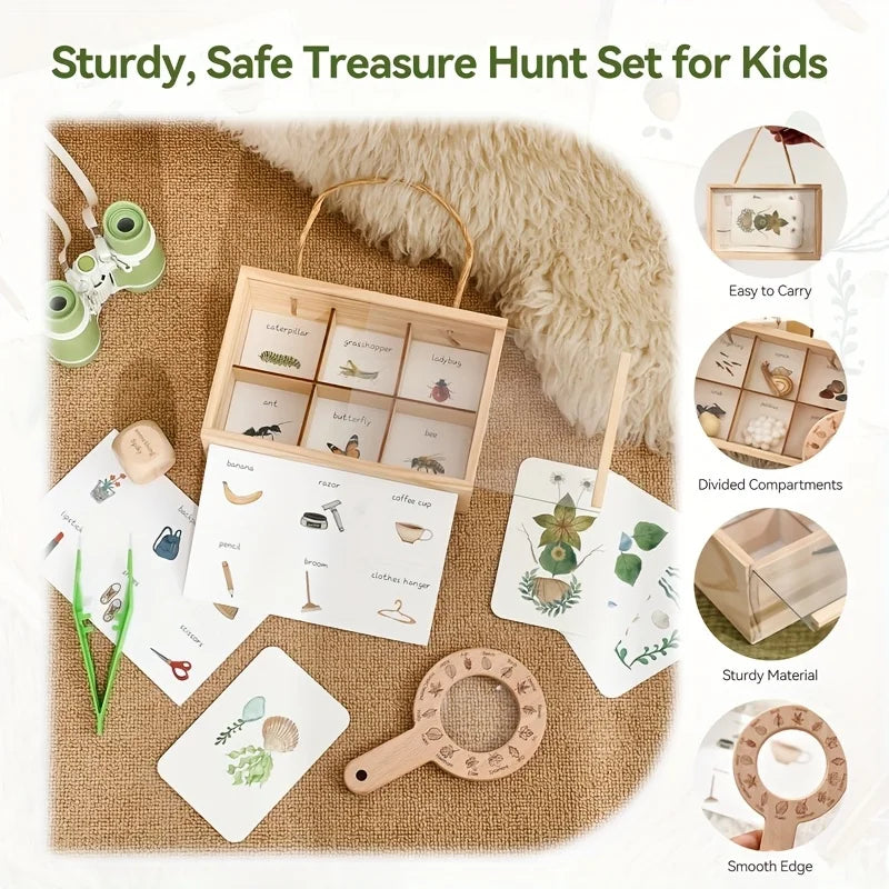 Kids Outdoor Explorer Kit Wooden Binoculars Treasure Storage Box Nature STEM Learning Camping Toy Birthday Gift for Boys Girls