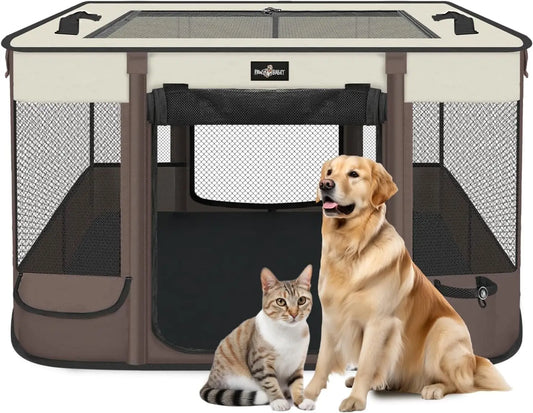 Foldable Waterproof Pet Playpen with Retractable Shade Cover, Portable Kennel Tent for Small Dogs Cats Indoor Outdoor Use