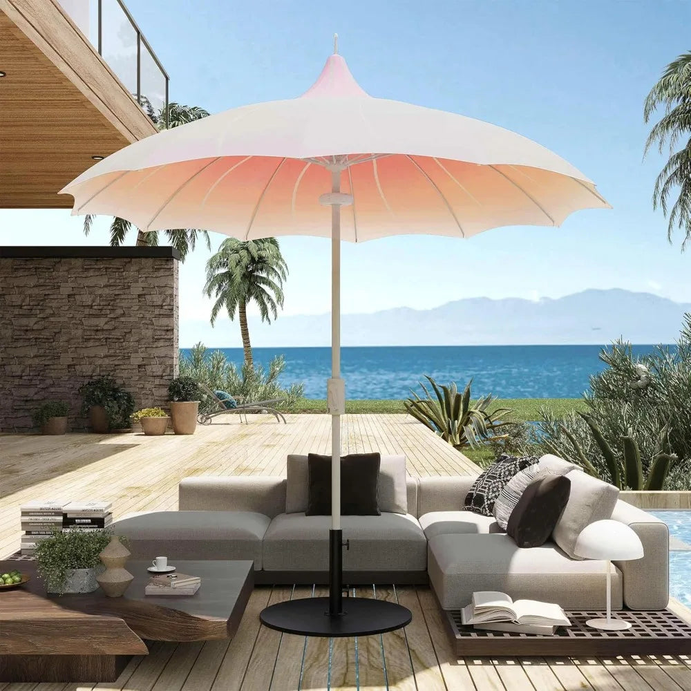 9ft Outdoor Pagoda Patio Umbrella with Lights, Patio Table Market Umbrella with Petal Design Canopy, 360° Rotation, Customized