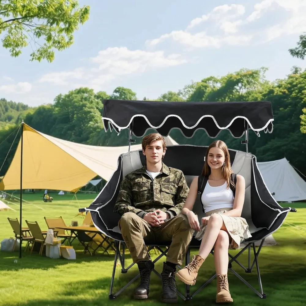 Double Camping Chair with Adjustable Shade Canopy Oversized Portable Folding Loveseat Couch, 2 Person Soft Padded Couch Back Sto
