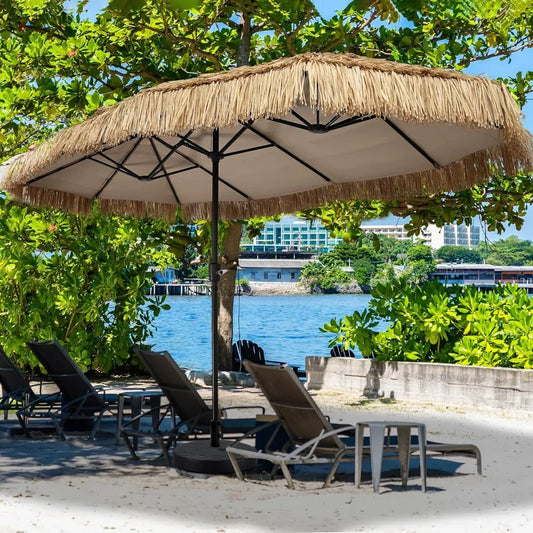13ft Tiki Patio Umbrella Outdoor Table Umbrella, Market Umbrella with 12 Sturdy Ribs, with Crank for Garden, Lawn, Deck, Back