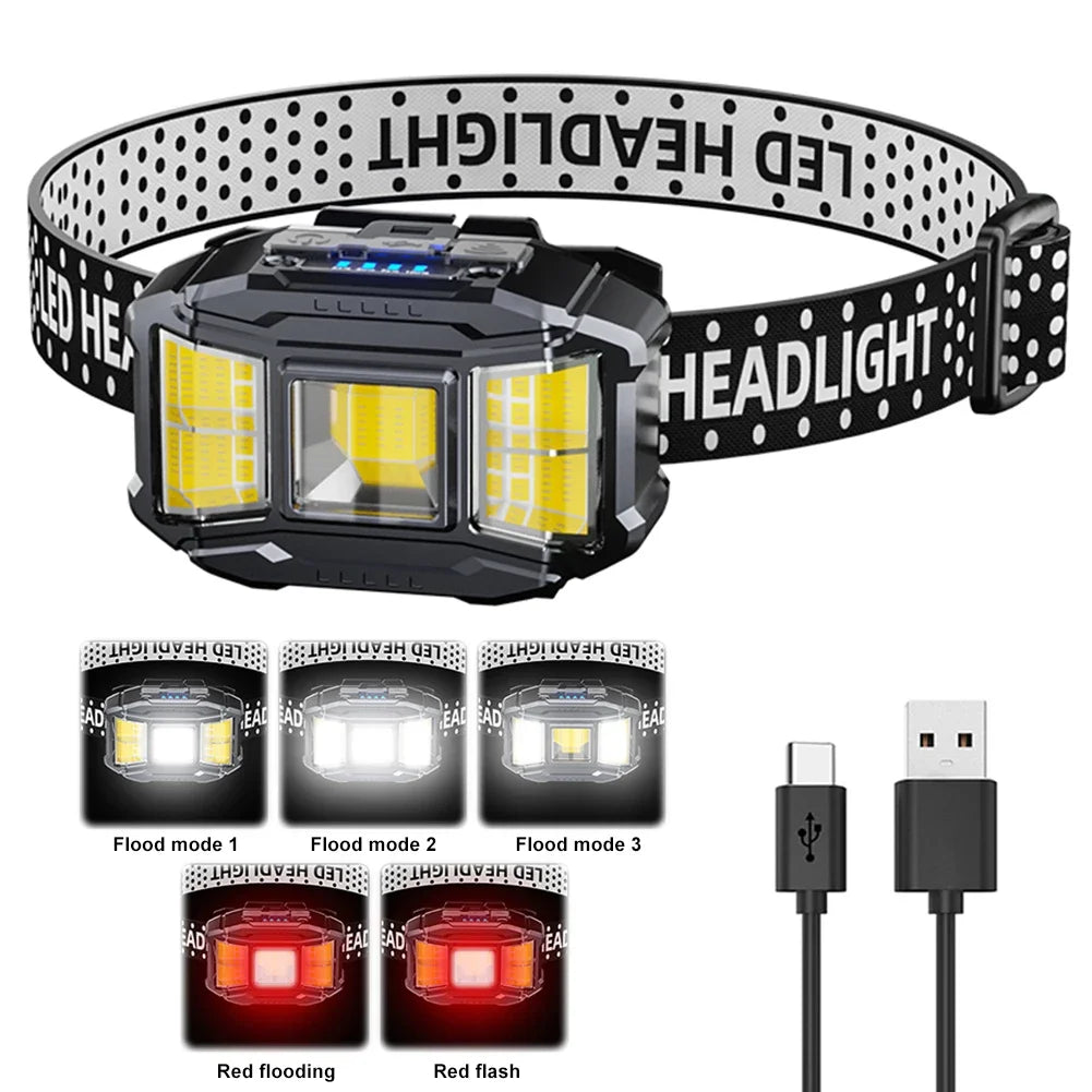 COB LED Outdoor Head Lamp USB Charging Head Mounted Flashlight Power Display Powerful Headlight Torch for Outdoor Night Fishing