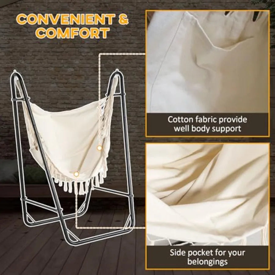 Outdoor Patio Hammock Chair with U Shape Stand Black/Cream White Hanging Lounge Chair with Side Pocket for Garden Deck Yard