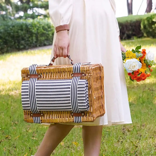 4-Person Willow Picnic Basket Set with Insulated Cooler, Blanket, and Cutlery for Outdoor Celebrations