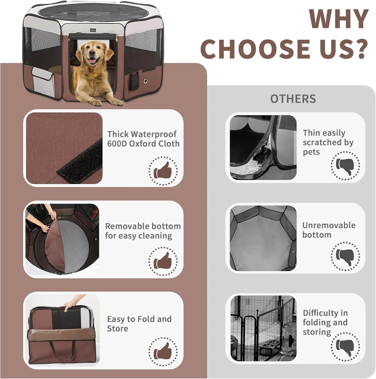 Portable Pet Playpen for Small Medium Dogs, Foldable Exercise Kennel Indoor Outdoor Travel Camping, Brown Large 46x46x23 Inch