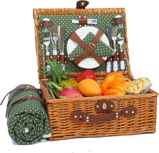 4-Person Picnic Basket with Waterproof Blanket & Insulated Cooler, Ideal for Camping, Outdoors, and Gifts