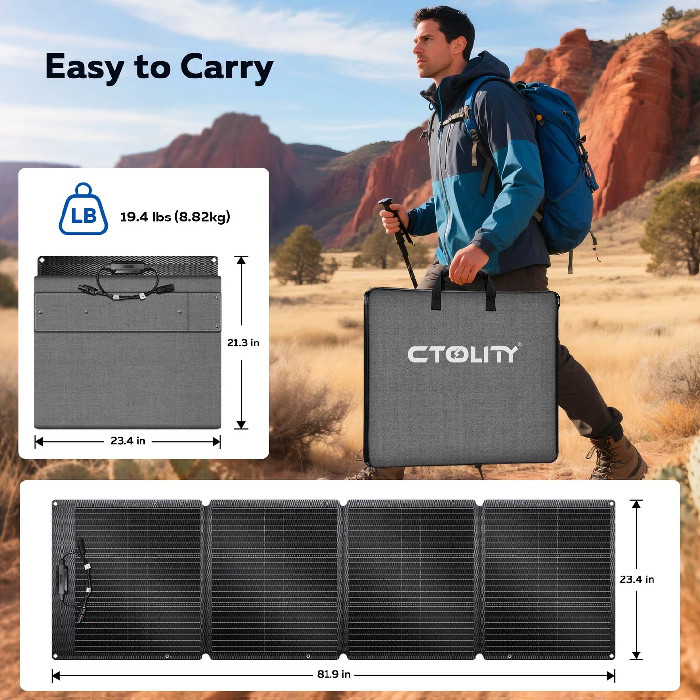 CTOLITY ETFE 200W Foldable Solar Panels 23% Efficiency Portable Folding Bag Solar Charging Panel Solar Cable Power Station Home