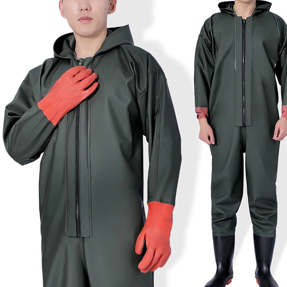 Size 43-47 Hooded Long Sleeve Wader Pants Waterproof Overalls With Boots Gloves Adult Outdoor Fishing Hunting River Tracing Gear