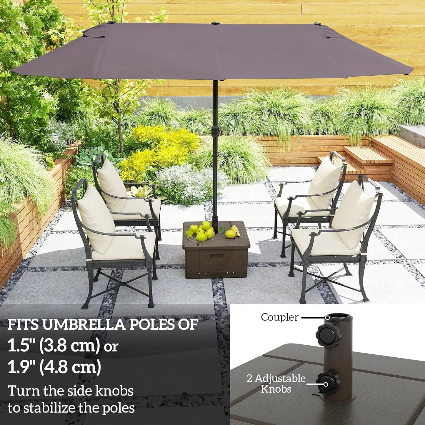 3-in-1 Outdoor Umbrella Base with Coffee Table and Planter, Heavy Duty 175 lbs Capacity, Wheels and Handles for Deck or Poolside