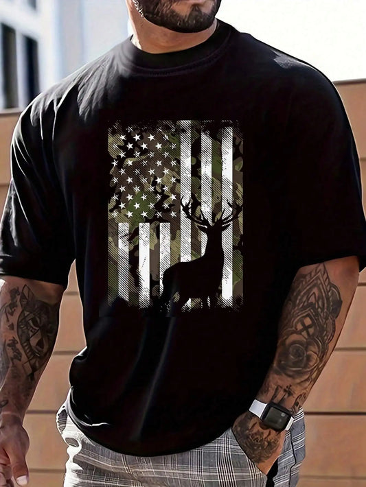 Men's Graphic Deer & Camo Flag Print Round Neck Short Sleeve T-Shirt