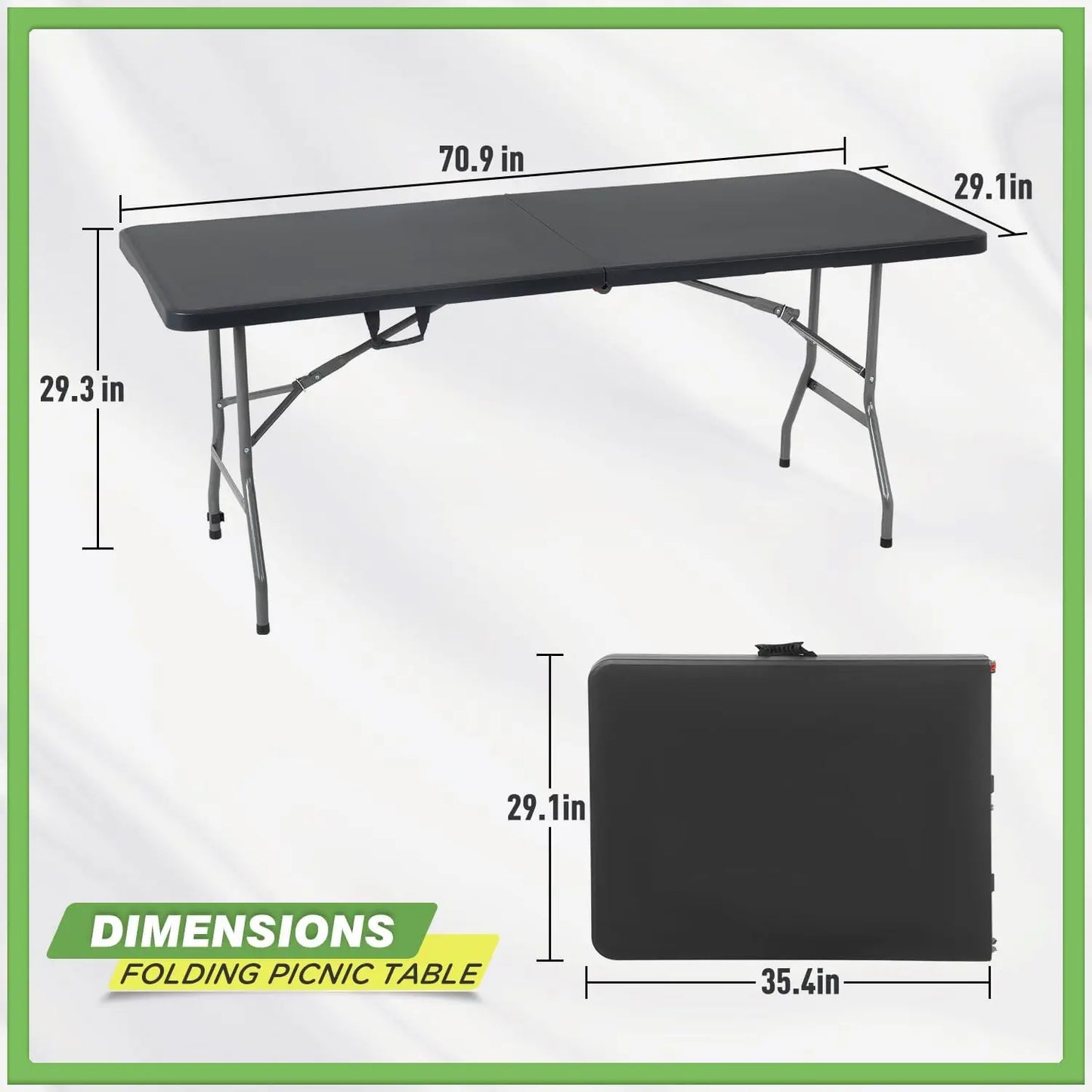 6 FT Folding Camping Table, Portable Square Height Dining Table for Picnics, Parties, and Outdoor Use in Black