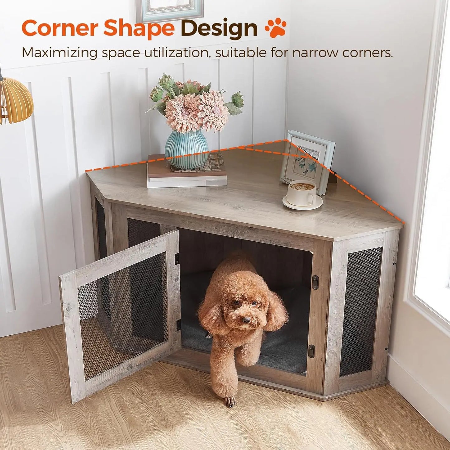 Corner Dog Crate Furniture, Wooden Kennel End Table for Small Medium Dogs, Decorative Pet Cage Indoor Use