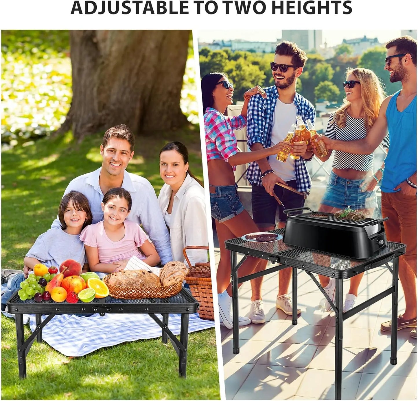 2x1.3 FT Folding Camping Table, Portable Adjustable Height Grill Stand with Mesh Desktop for Outdoor BBQ