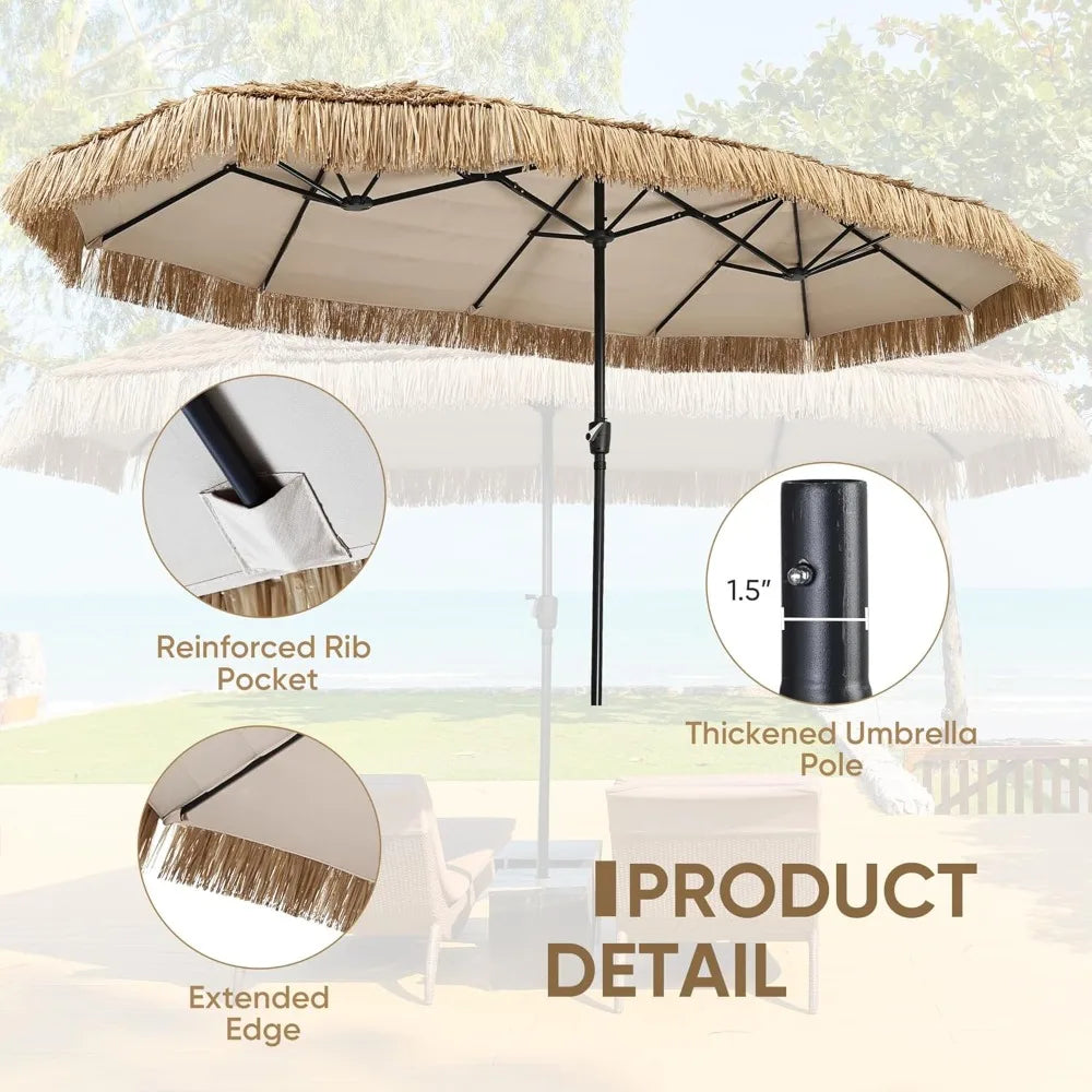 13ft Tiki Patio Umbrella Outdoor Table Umbrella, Market Umbrella with 12 Sturdy Ribs, with Crank for Garden, Lawn, Deck, Back