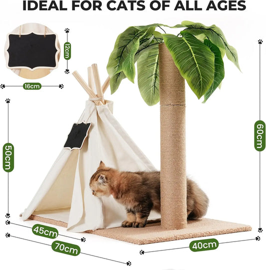 MEWOOFUN Cats Scratching Post Teepee Cat Tree with Simulated Leaves 60cm Tall Scratcher Post Pet Bed Tent Indoor Cat Play House