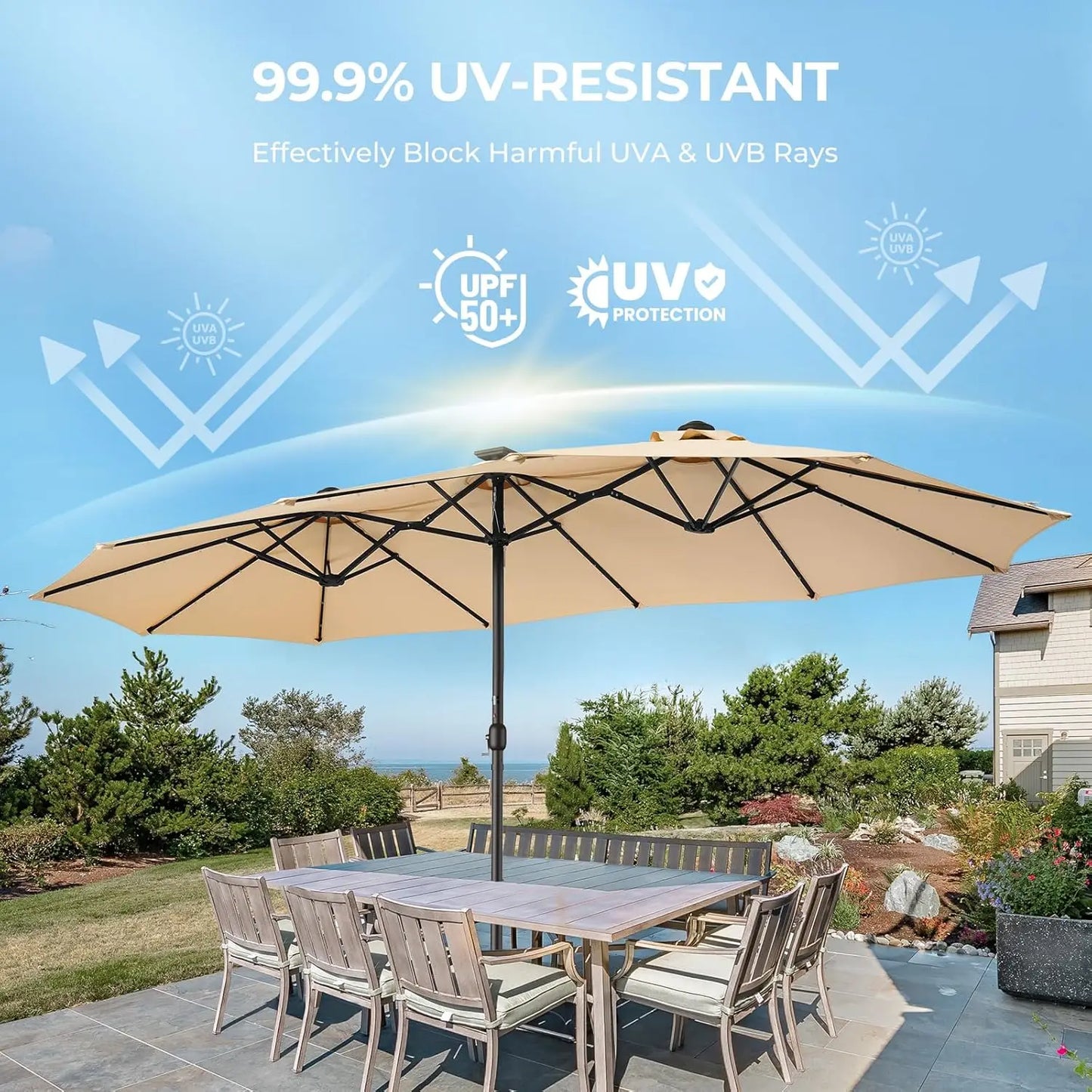 Double Sided Patio Umbrellas - 15ft Solar Lights LED Lighted Outdoor Extra Large Market Table Umbrella with Base, Customized