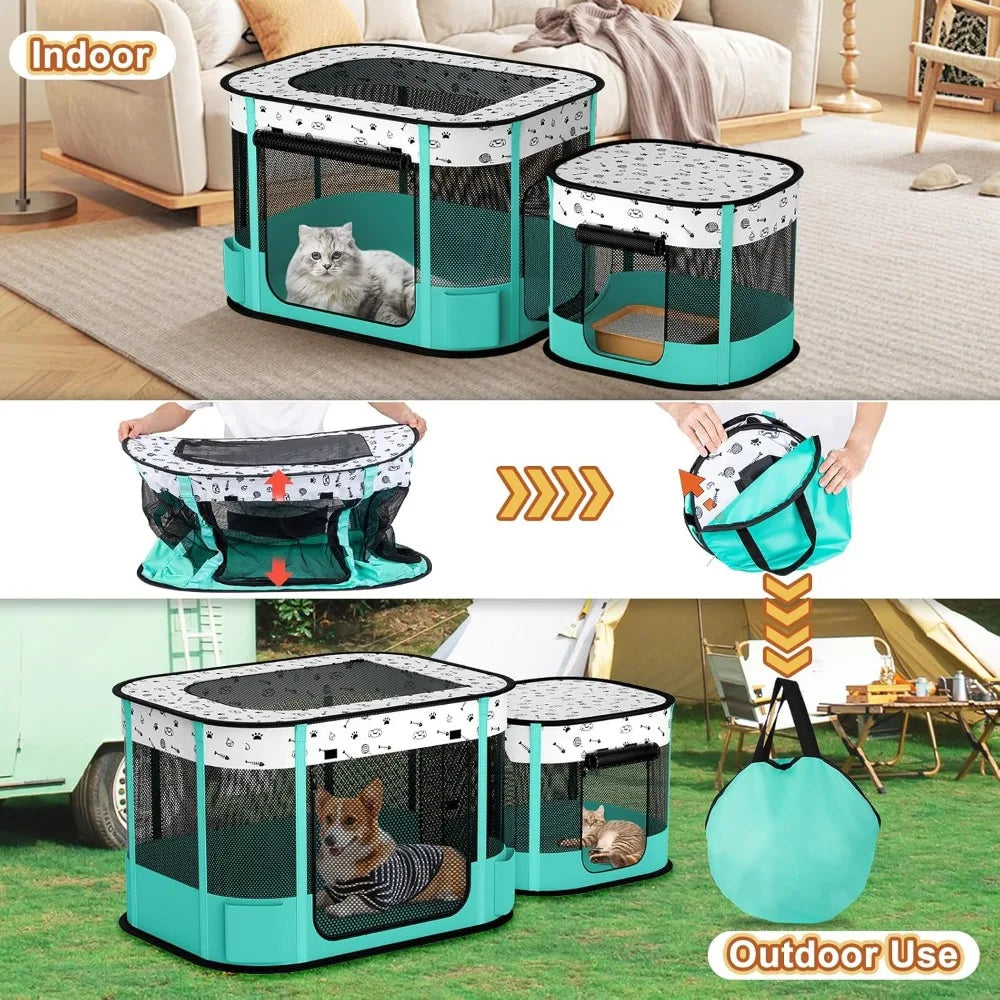 Portable Cat Playpen, Foldable Indoor Outdoor Pet Puppy Cage House, 8-Rod Reinforced Collapsible Tent Kennel (32x24x22 inches)