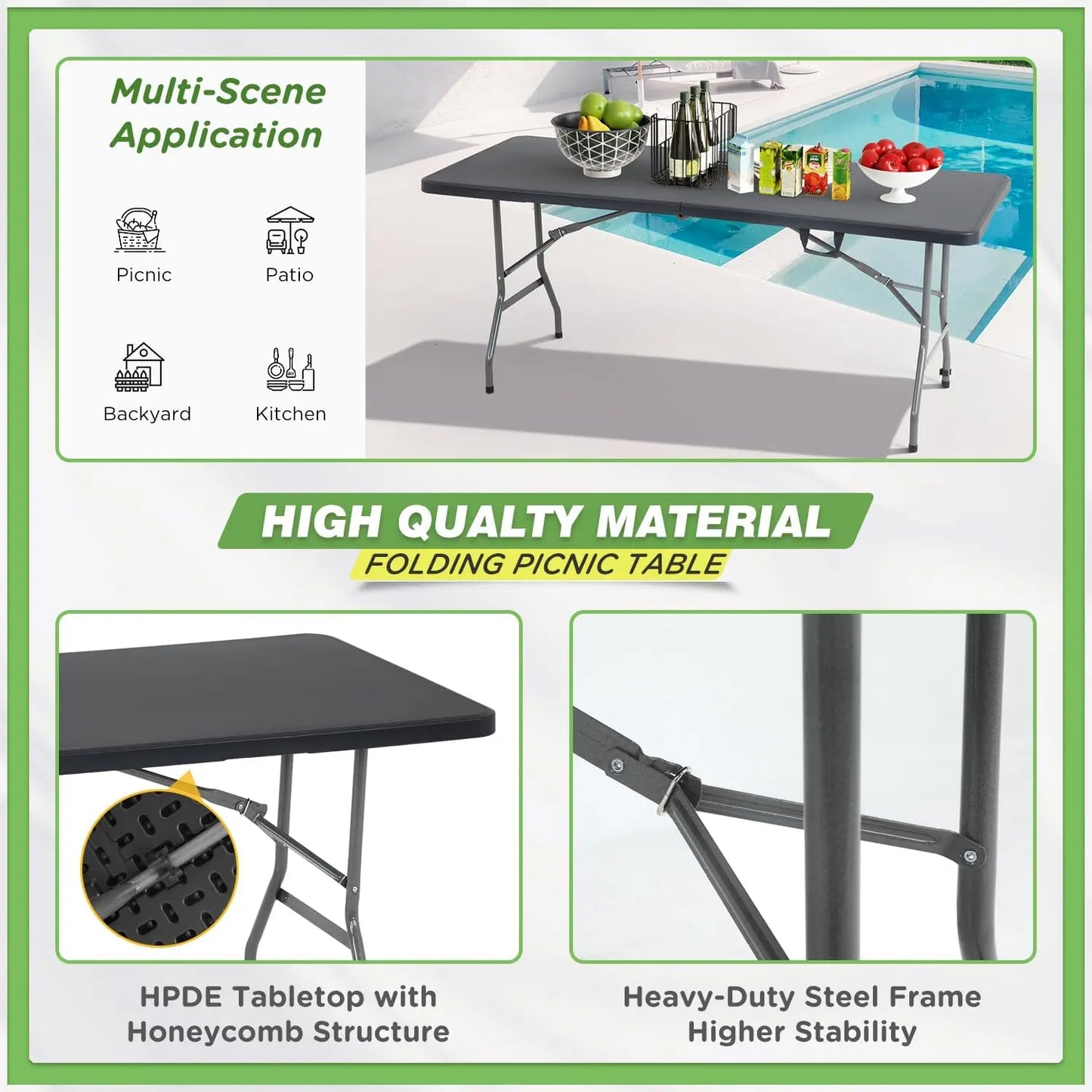 6 FT Folding Camping Table, Portable Square Height Dining Table for Picnics, Parties, and Outdoor Use in Black