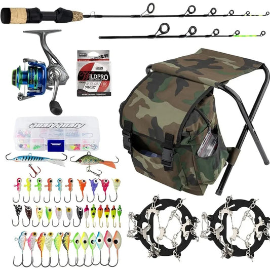 Complete Ice Fishing Kit with Reel Combo Backpack Seat Ice Cleats Jigs Line for Winter Fishing Adventures on Frozen Lakes and Rivers